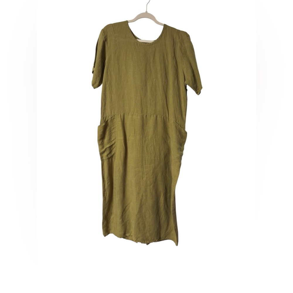 Flax by Jeanne Engelhart Olive Midi Dress 100% Linen‎ Sz Small (TXA946)